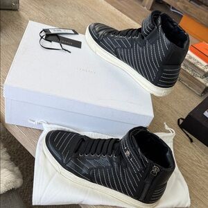 Versace Black and White Striped High-Top Sneakers